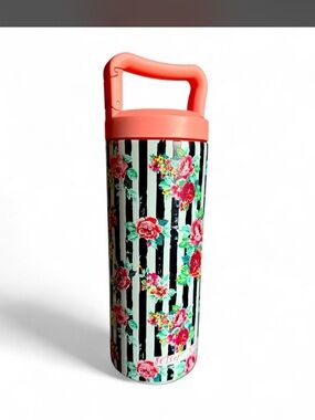 Betsey Johnson Coral Handle Floral Stripe Travel Tumbler NWOT
